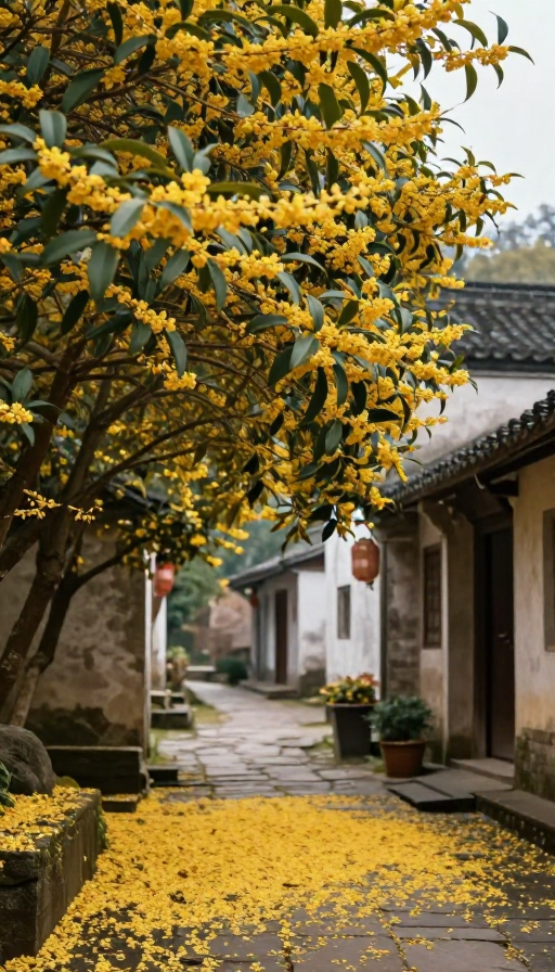 金秋桂花村景：写实电影质感高清摄影