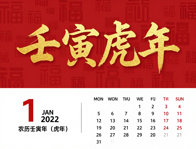 壬寅虎年喜庆日历,传统书法与红色纹理设计