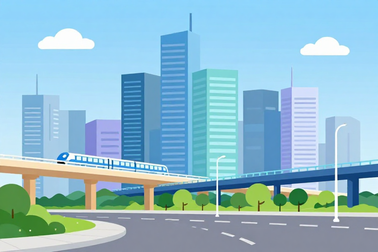扁平化未来都市与生态融合的清新景观插画