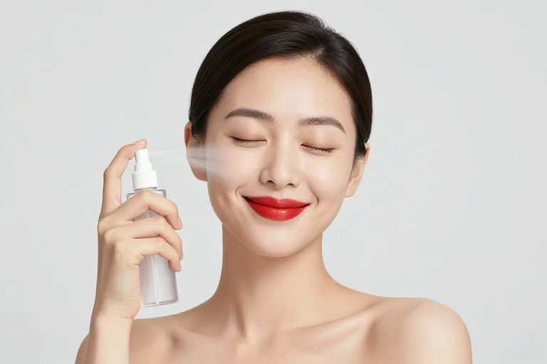 柔光喷雾焕肤，亚洲女性自信微笑，高清商业广告