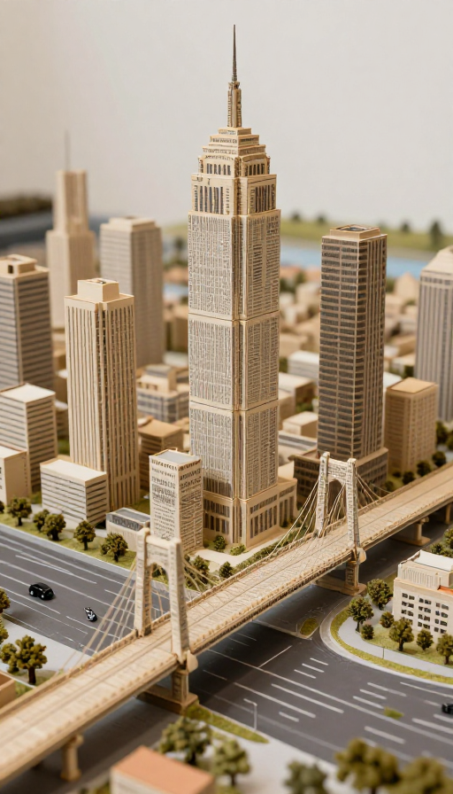 报纸风格的城市全景:高楼与大桥的创意展现