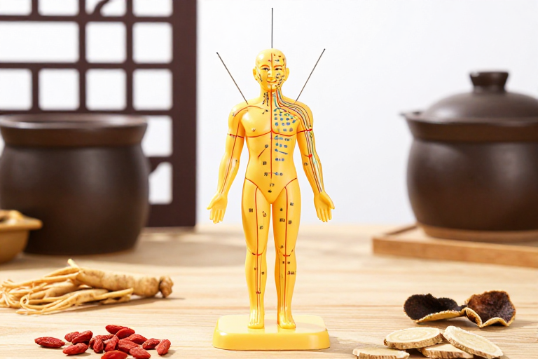 中医针灸人体模型展示，传统中药材环绕，营造专业文化氛围