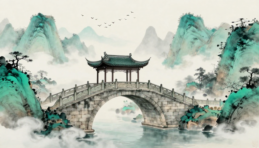 水墨云山·古桥飞亭：青绿意境的东方美学