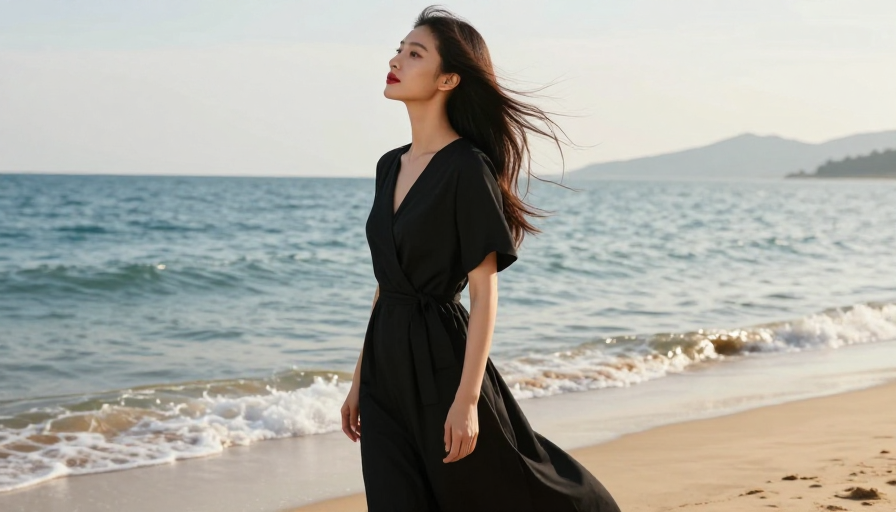 海边红唇女性：光影中的时尚瞬间