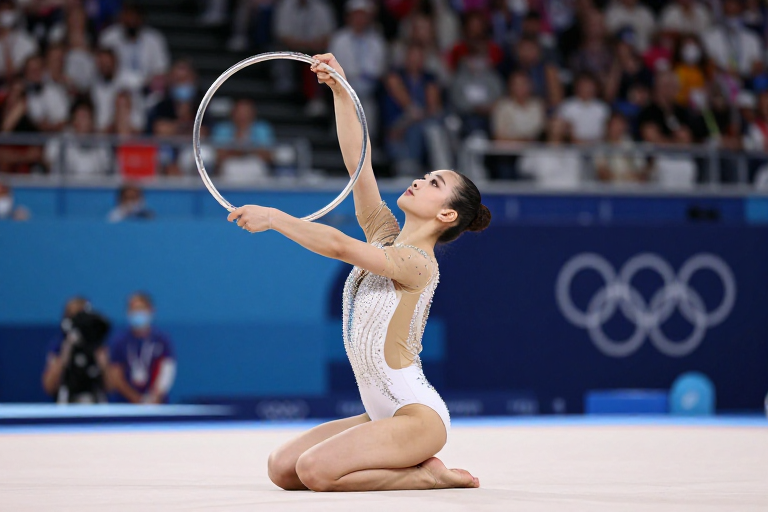 亚洲女子艺术体操选手持银色彩环优雅定格，高清商业摄影