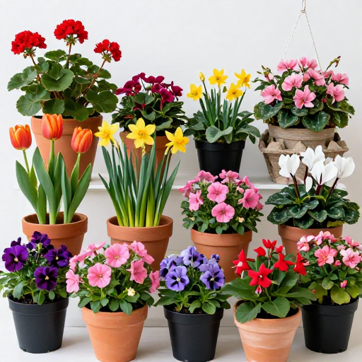 多色盆栽花卉陈列：高清商业摄影展示