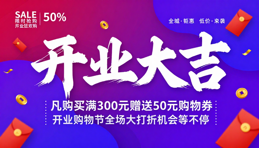 紫红渐变液态风开业促销海报设计