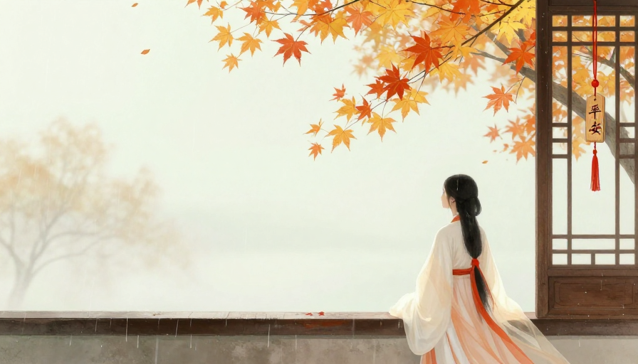 古韵秋窗：白衣女子静观枫叶