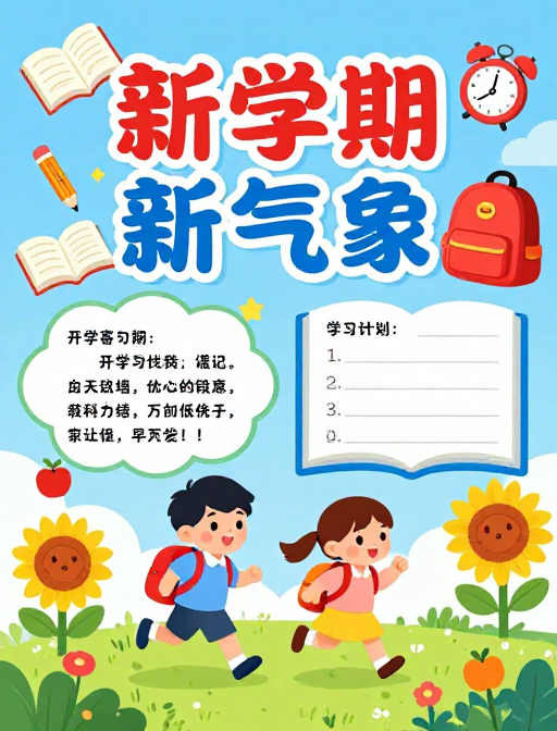 明亮童趣的开学海报，活力新学期插图