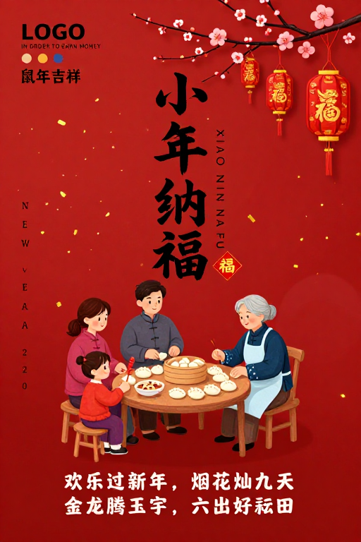 鼠年纳福:温馨中国风家庭包饺子插画