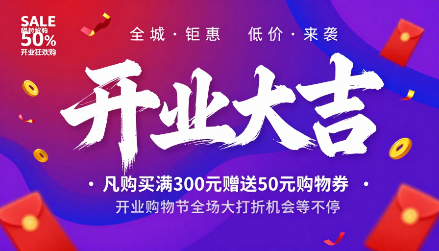 紫蓝渐变开业促销海报：动态书法与喜庆元素