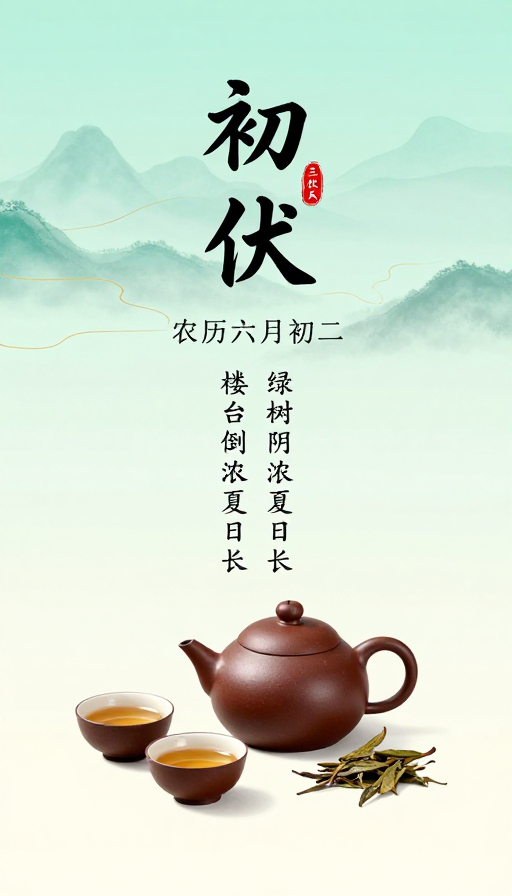 初伏节气中国风水墨海报：青绿山水与紫砂茶韵