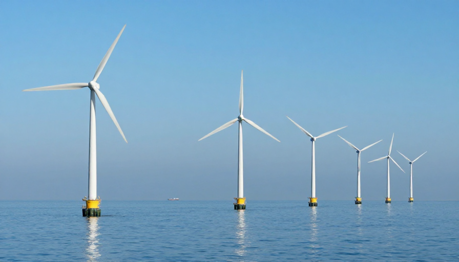 蔚蓝海面上的清洁能源：海上风力发电机高清实拍