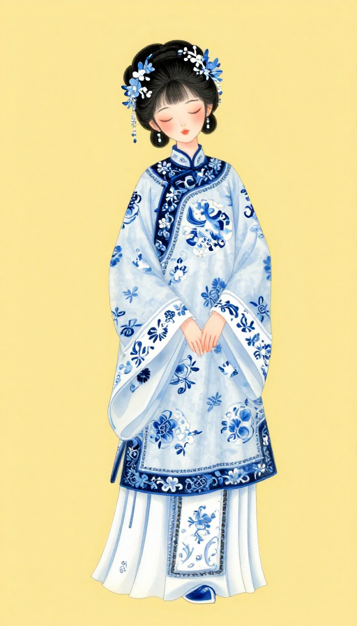 青花古风少女与花鸟：闭眼微笑的静谧时刻