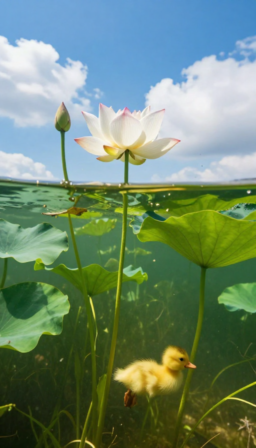 蓝天映衬下的池塘：荷花摇曳与小黄鸭嬉戏