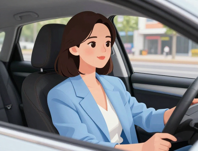 气质东方面孔美女驾驶都市街景卡通插画