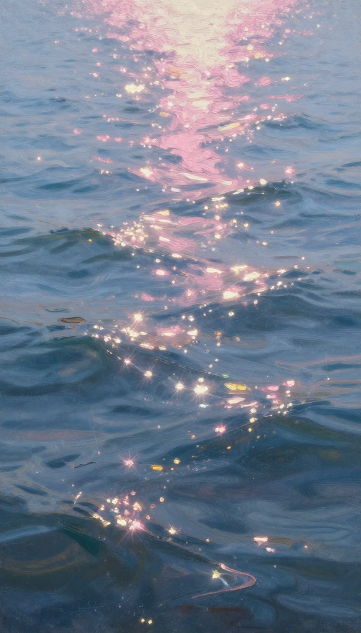 粉蓝光波与朦胧侧影:梦幻黑河油画特写