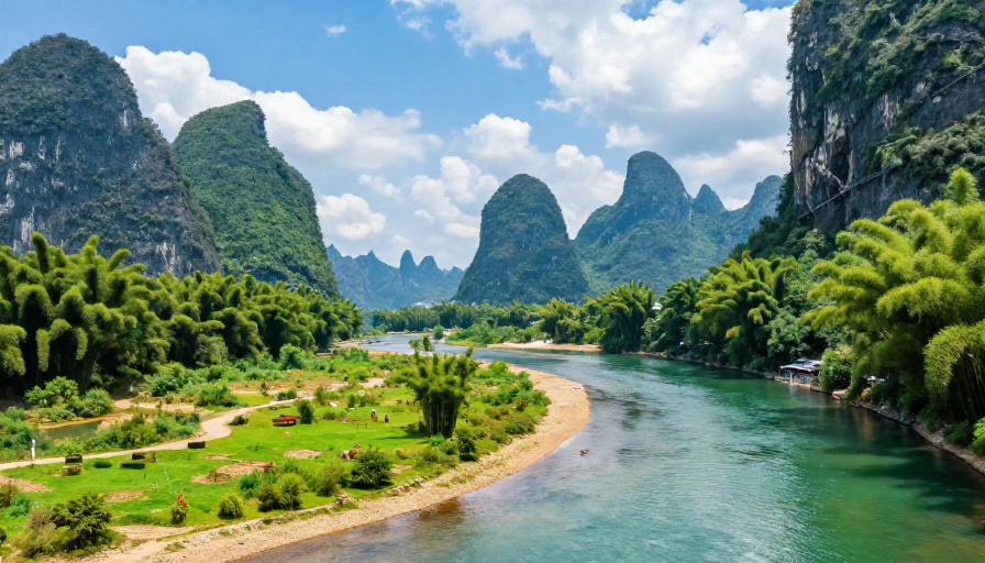 漓江风光:翠绿竹海间的清澈河流与层叠峰林