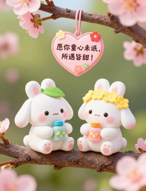 童趣治愈:双兔共赏粉色花影