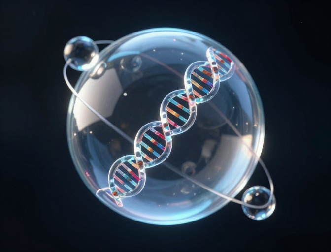 透明玻璃体内的基因链分子结构艺术呈现