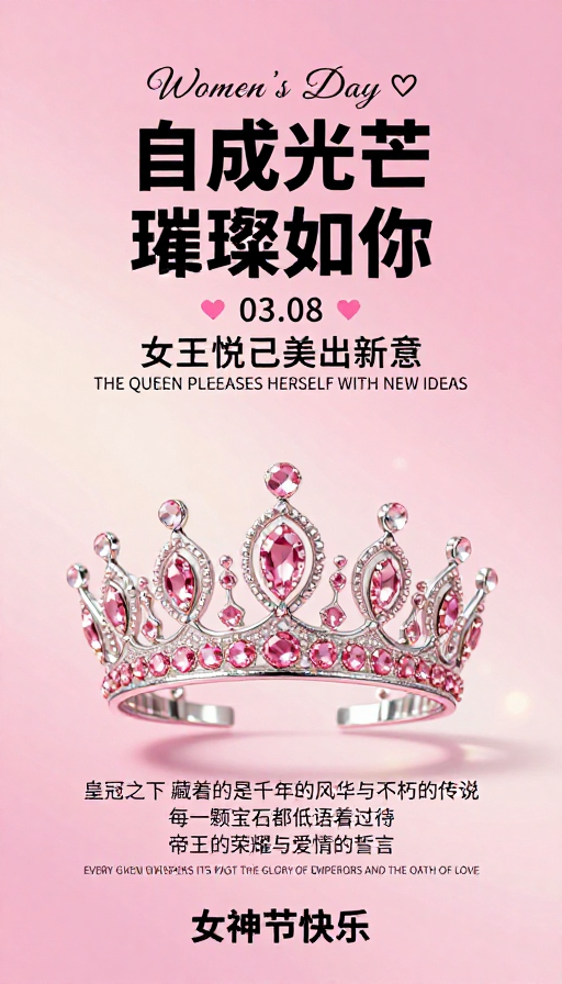 女王节璀璨绽放：粉金渐变梦幻海报