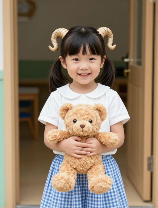 纯真童趣:幼儿园门口的女孩与小熊