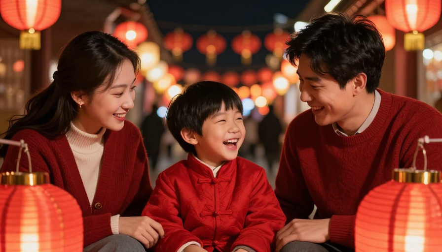 春节暖光里的亲子温情,夜市中红灯笼下的幸福瞬间