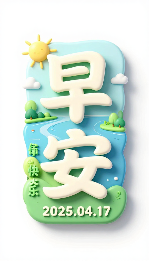 早安艺术字体设计，清新江景意境