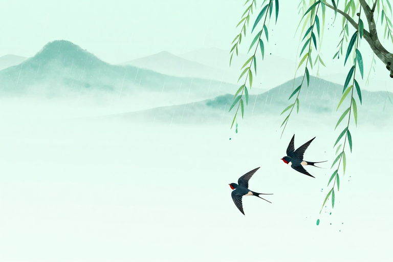 青绿山水水墨燕子飞