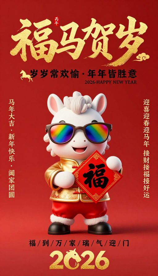 红金喜庆中国新年海报:福马贺岁与吉祥寓意