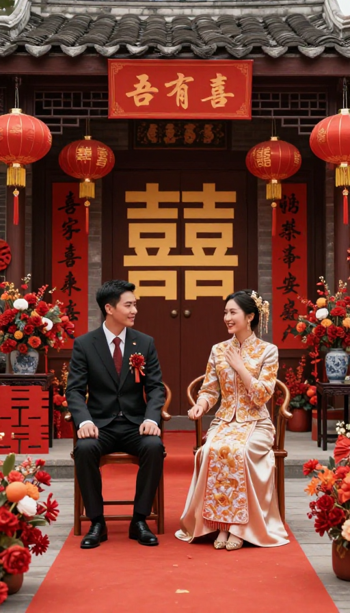 中式婚庆喜庆氛围，传统婚礼场景
