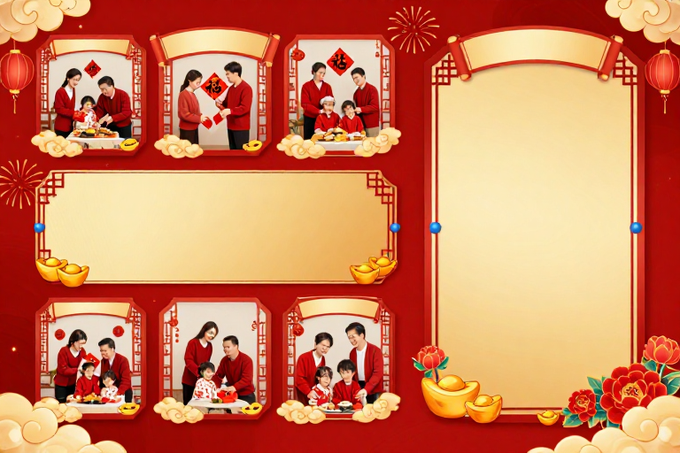 喜庆新年主题：红金祥云团圆插画背景