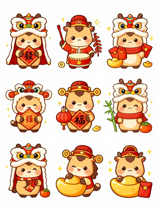 国潮新年小马狂欢：红金喜庆手绘插画