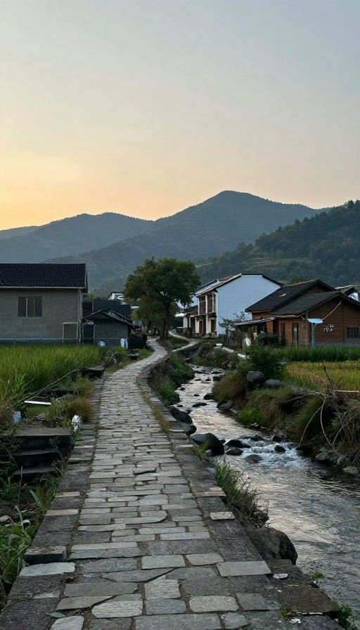 静谧山村：石径蜿蜒通向云遮雾绕的山峦