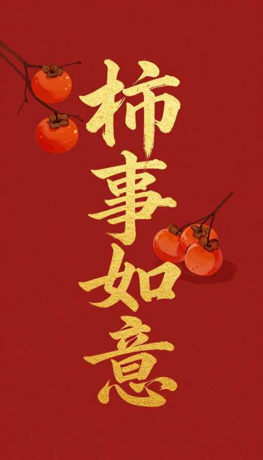 金箔柿事如意插画:红色极简笔触传递好彩头