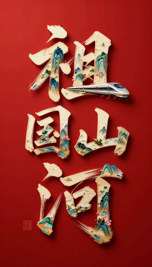 红韵书法:和谐号与祖国山河的3D立体艺术