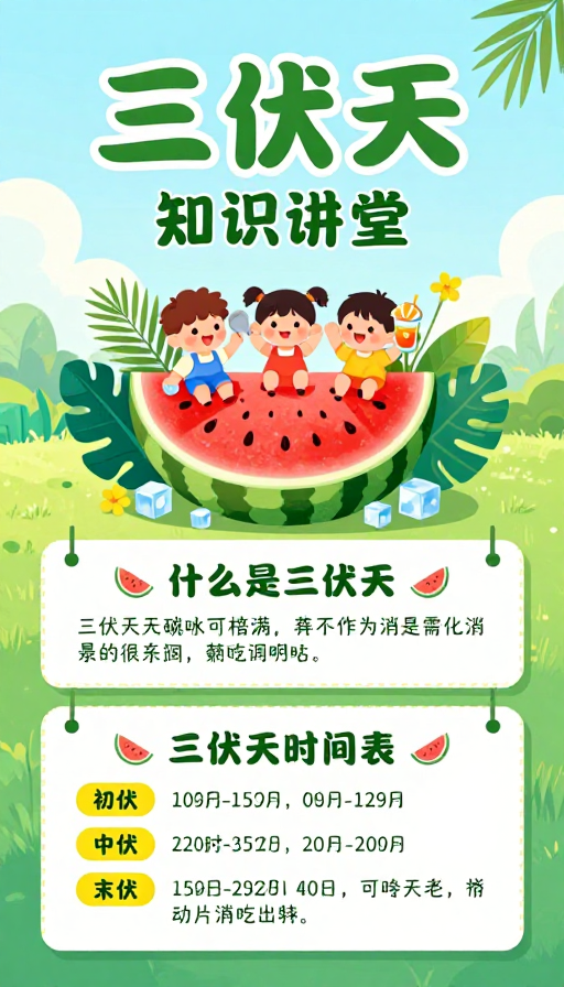 清新夏日:三伏天知识科普插画海报