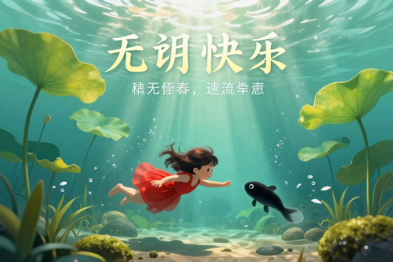 青绿梦境：少女与黑蝌蚪的池塘奇遇