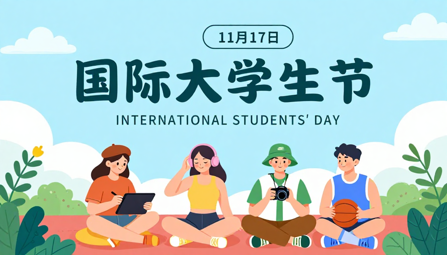 清新扁平插画国际大学生节海报,展现青春活力
