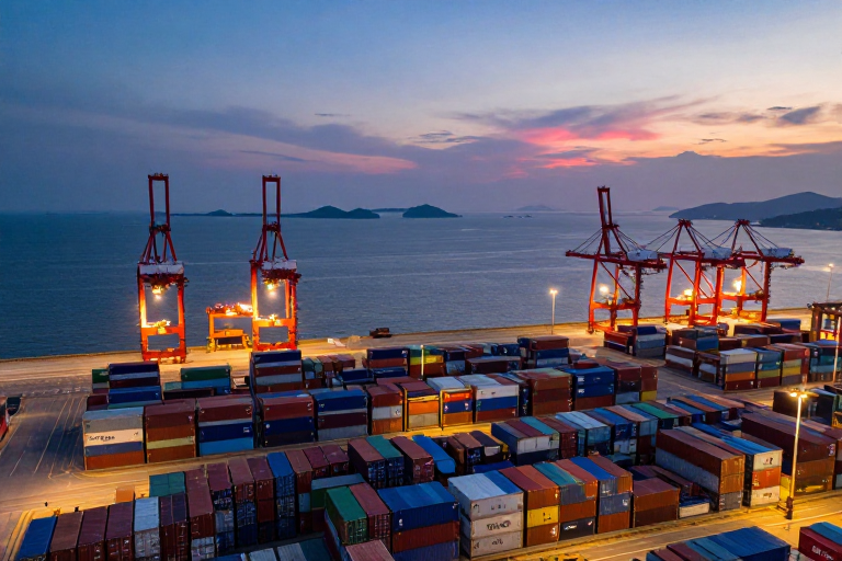 暮色集装箱港口:全球贸易的繁忙枢纽