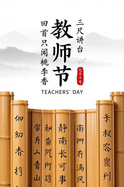 雅致国风教师节海报:竹简墨韵颂师恩