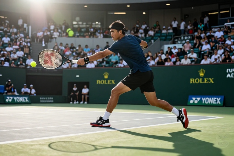 亚洲男网将拍瞬间：深蓝T恤与强逆光耀斑