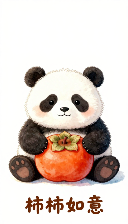 可爱大熊猫抱红柿子水彩治愈风插画