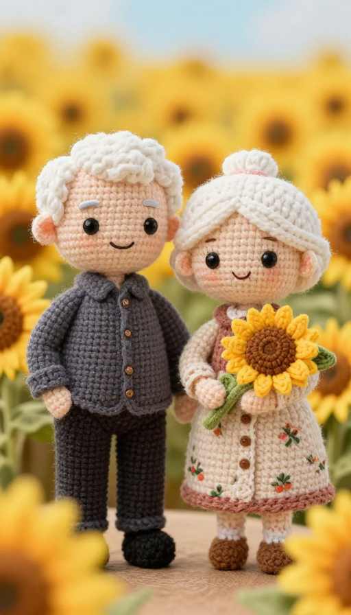毛线玩偶老年情侣向日葵花海潮玩