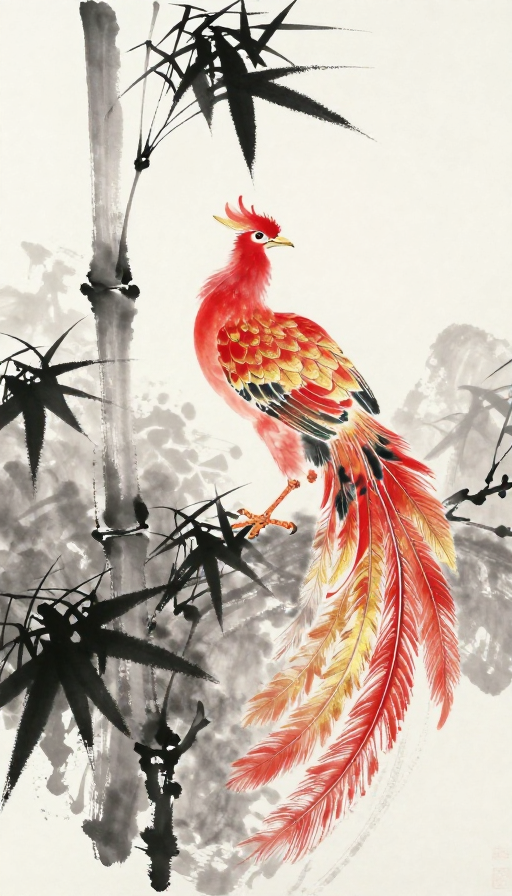 水墨凤凰:红金涅槃的东方空境