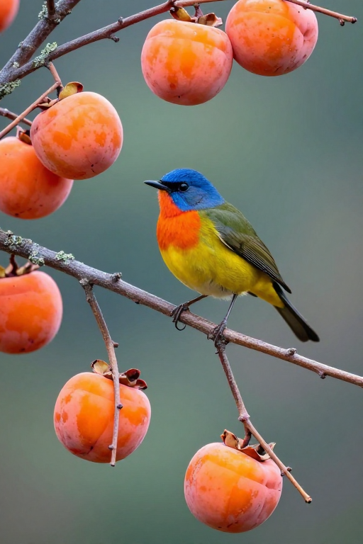 红喉歌鸲栖柿枝：秋日自然光影之美