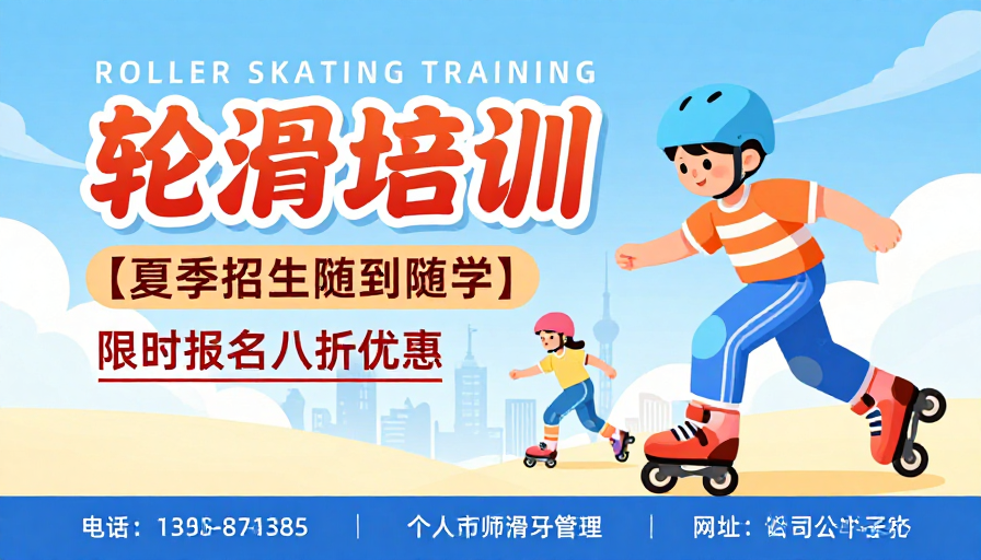 清新轮滑培训招生海报：扁平插画活力展示