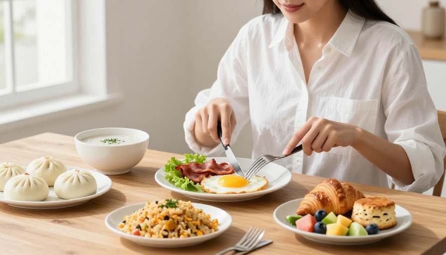 晨间健康盛宴:亚洲女性享用精致早餐