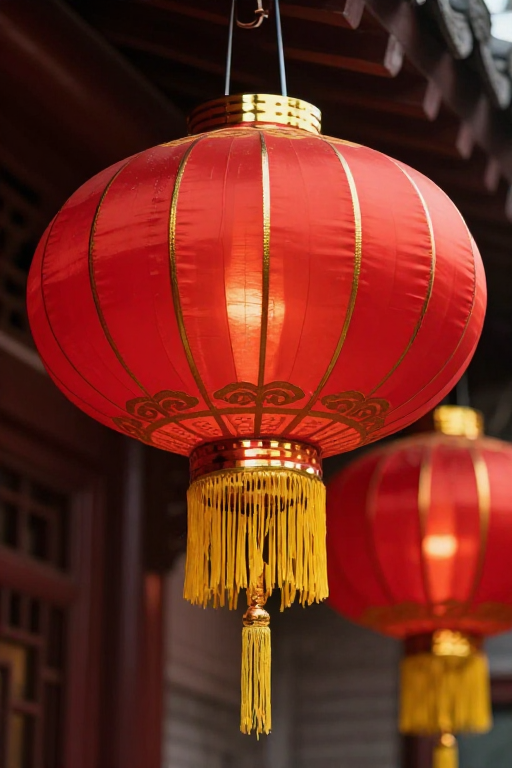 传统红灯笼特写：暖光与祥云的节日氛围