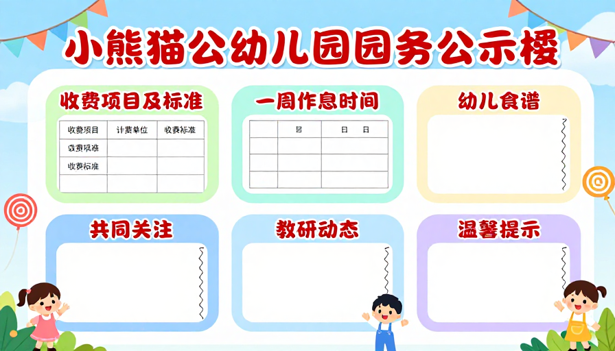 小熊猫幼儿园童趣园务公示栏设计图